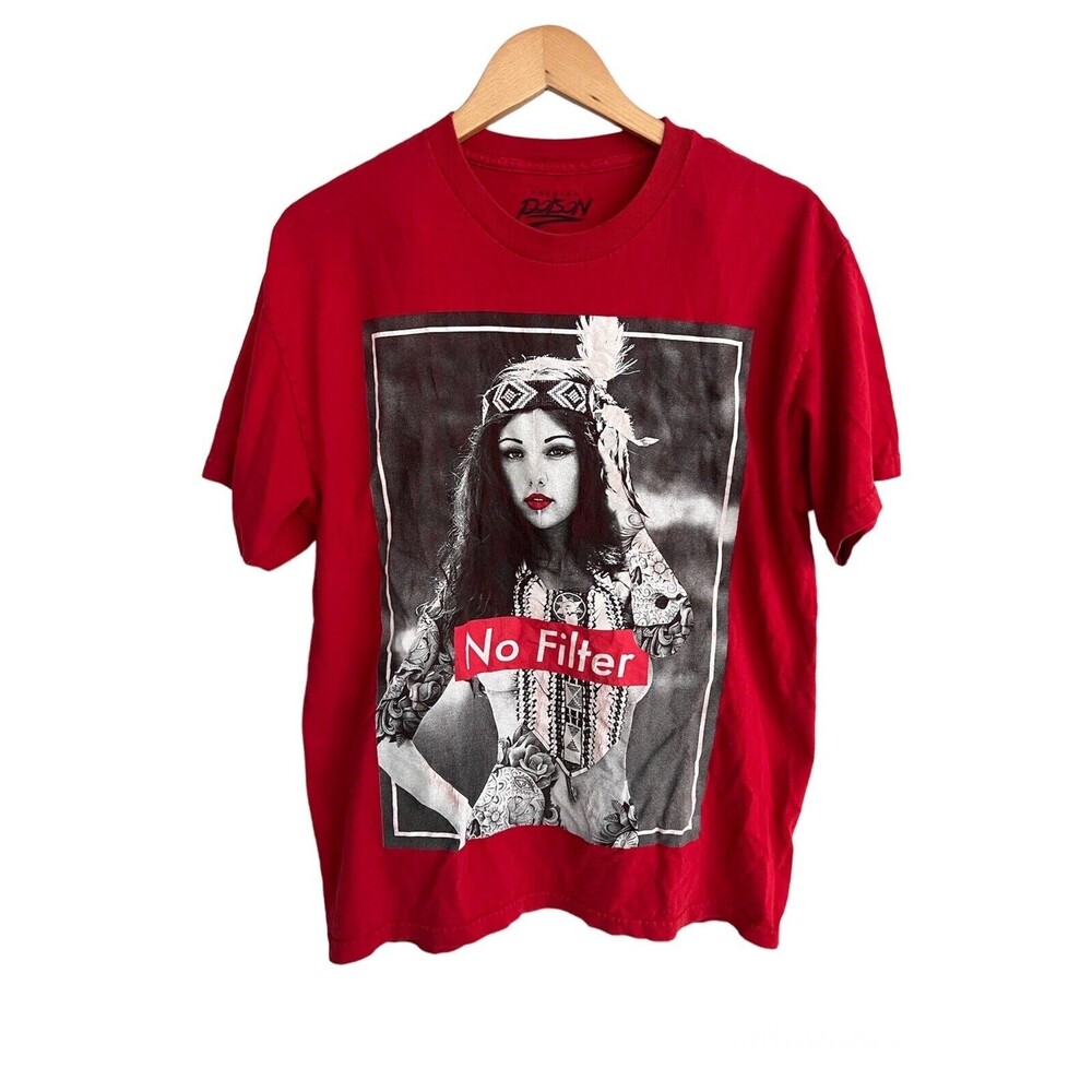 Popular Poison Tattoo Indian Style Girl On Front No Filter Red T Shirt Large